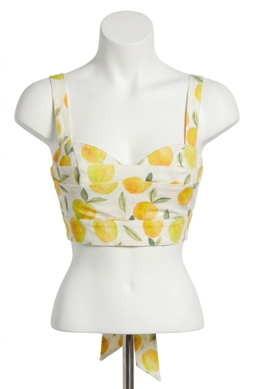 NEW ASTR myria tie-strap cropped bustier top in lemon print